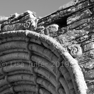 Mono photograph of detail of finial on west doorway, Strata Florida Abbey.