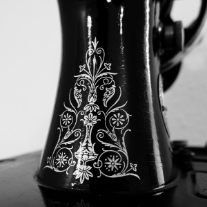 Black and white image of a Singer sewing machine