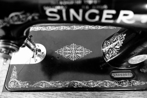 Black and white image of a Singer sewing machine