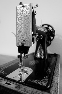 Black and white image of a Singer sewing machine