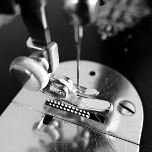 Black and white image of a Singer sewing machine